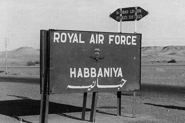 CAMP HABBANIYAH, IRAQ: This 1954 handout photo shows a sign on the grounds of the currently American-occupied Camp Habbaniyah, Iraq. "Habbaniya" was a British-built airbase, created during the British occupation of Iraq in the 1920s and kept for strategic reasons even after Iraq became a sovereign country in 1930.  When Iraq staged a coup and declared an alliance with Germany in April 1941, Britain and Iraq (with German help) fought a two-month war for control of Habbaniya, which Britain won.  British forces finally pulled out in the 1950s, but the battered and neglected churches, pools, and theaters that remain are reminders of Great Britain's long and stormy experience in militarily occupying Iraq.  (Photo by US Army via Getty Images)