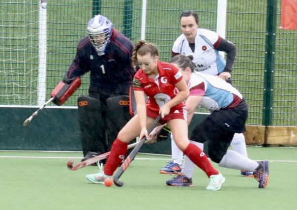 Garstang Hockey Club's Caitlin Ball in front of goal