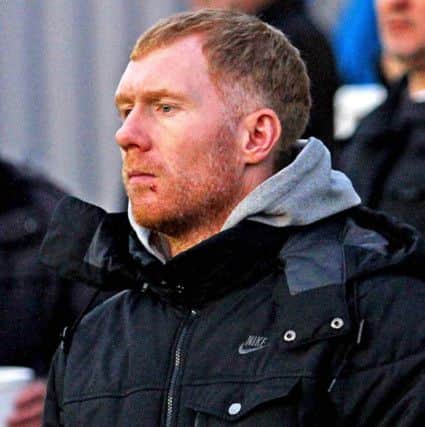 Lancaster City v Salford City. Manchester United legend Paul Scholes watches on. Pictures: Tony North