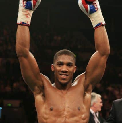 London's Anthony Joshua celebrates defeating Melton Mowbray's Paul Butlin in their Heavyweight Contest at the Motorpoint Arena, Sheffield. PRESS ASSOCIATION Photo. Picture date: Saturday October 26, 2013. See PA story BOXING Sheffield. Photo credit should read: Nick Potts/PA Wire
