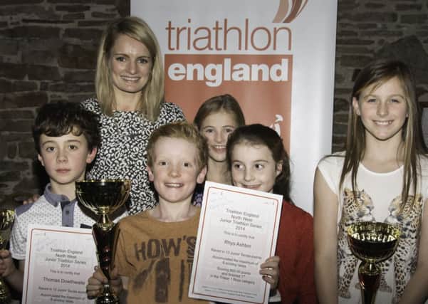 City of Lancaster Triathlon juniors Thomas Dowthwaite, Rhys Ashton, Pippa Darlington, Kirsty Maher and Lydia Shenton receive their awards for individual performance in the NW Series.