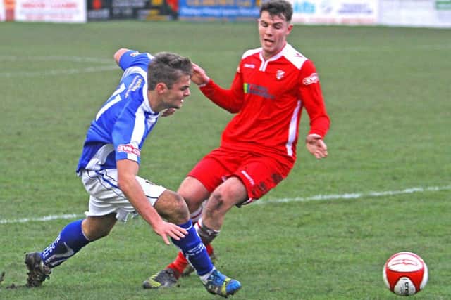 Tom Kilifin looks for an opening on his return to the Lancaster City side. Picture: Tony North