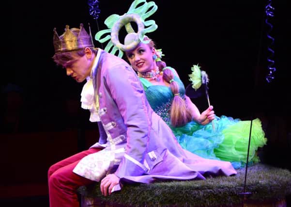 Josie Cerise with the hat modelled on Princess Beatrice's, with Adam Barlow in Cinderella.