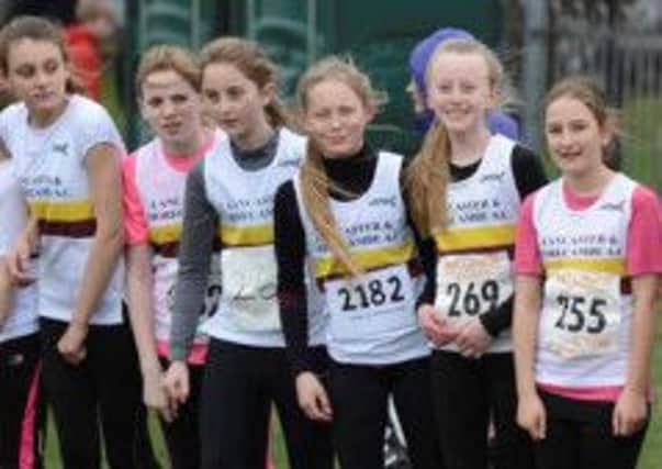 Lancaster and Morecambe's Under 13 girls on the start line at Ryelands Park.