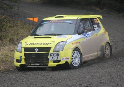 Tom Woodburn and driver Tom Walster on the Grizedale North stage shortly before their off at the Malcolm Wilson Rally.