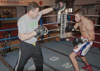 Isaac Lowe is put through his paces by Bob Howard ahead of his English title fight with Lee Glover. Picture: Rachel Landsborough (www.lenslady.co.uk)