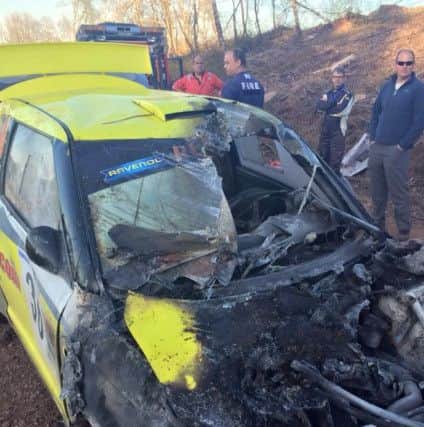 Woodburn and Walster's car after their crash at the Somerset Stages Rally. Picture: Dave Johnson