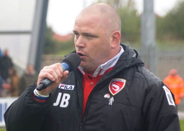 Jim Bentley addresses the crowd after the final game of the season against Southend.