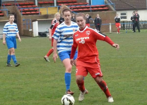 Becky Whittingham on the ball for Morecambe Ladies at Chester-le-Street.