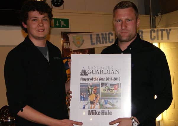 Lancaster City Player of the Year Awards 2014-2015. Mike Hale is presented with the Lancaster Guardian Player of the Year Award by Jonny Crossley.