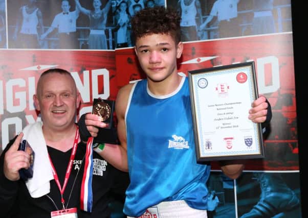 Skerton's Andre Vidal Junior with coach Paul Fielding after winning the national title in 2014. Picture: England Boxing/Chris Bevan