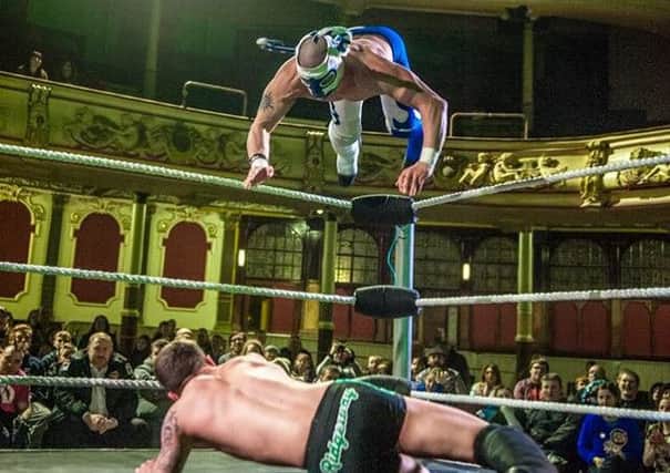 El Ligero duels with Chris Ridgeway at the Winter Gardens in February 2015. Photo by Tony Knox.