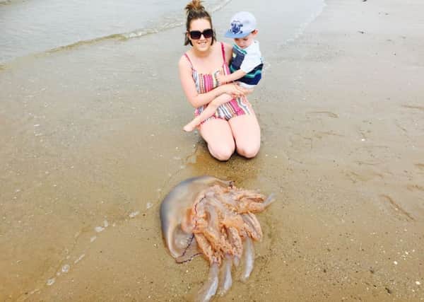 Heidi Burton and son Kian with the jellyfish they found on the beach at Heysham Village