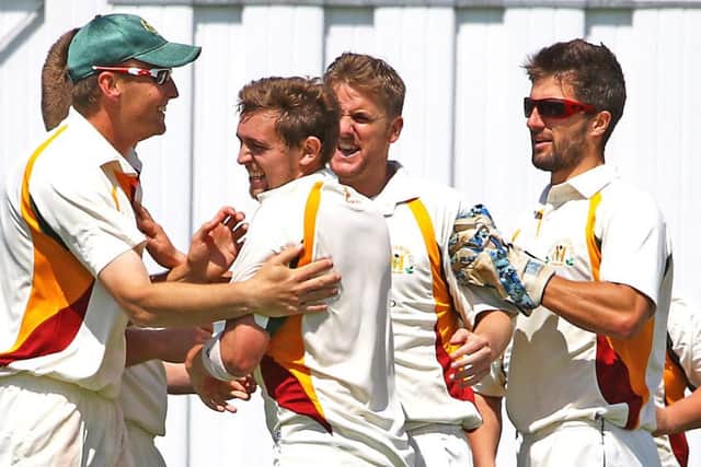 Morecambe celebrate a wicket against Netherfield. Picture: Tony North