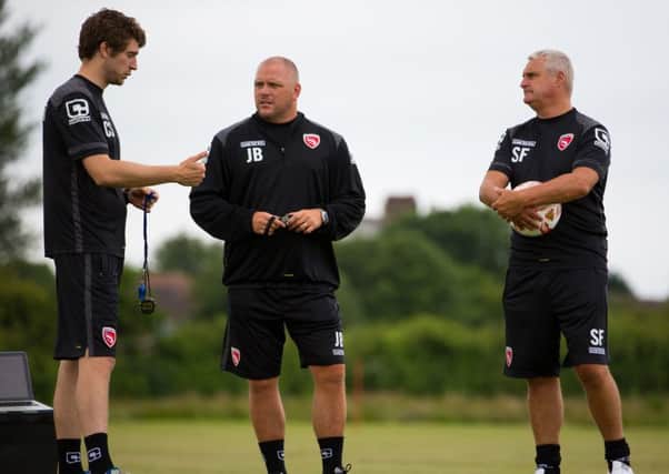 Jim Bentley with fitness coach Chris Squirrel and physio Simon Farnworth.