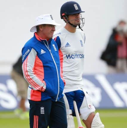England head coach Trevor Bayliss with Alastair Cook during the nets session ahead of the First Investec Ashes Test at the SWALEC Stadium, Cardiff. Picture: David Davies/PA Wire.