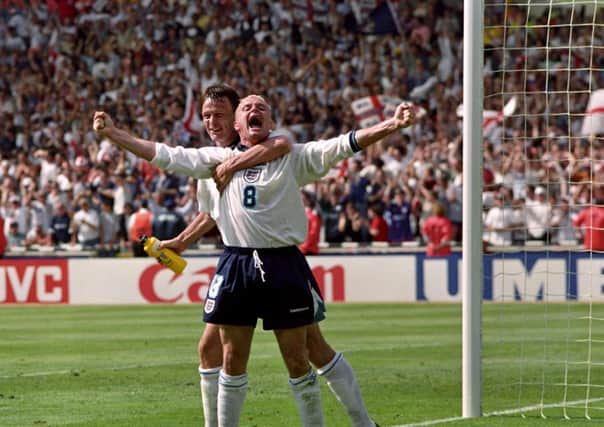 Paul Gascoigne celebrates his famous goal against Scotland during Euro 1996.