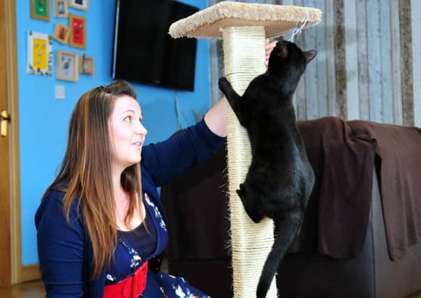 Rebecca Alexander with one of her Cat Scratching posts and cat Ollie
