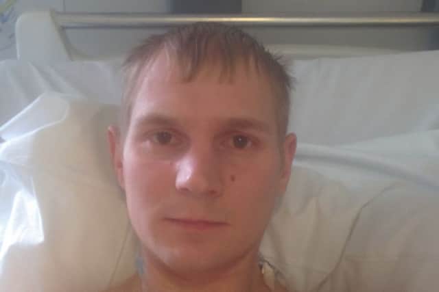 Peter Wakefield in hospital waiting for a heart transplant which will save his life.