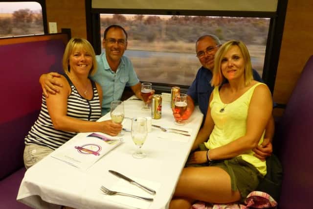 From left Karen and Peter Turnbull and David and Sue Williams on the Showsholta train approx five hours before the crash.