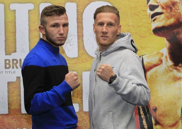 Isaac Lowe and Jamie Speight pose for the cameras after the press confernce at Elland Road. Picture: Lawrence Lustig/Matchroom Boxing