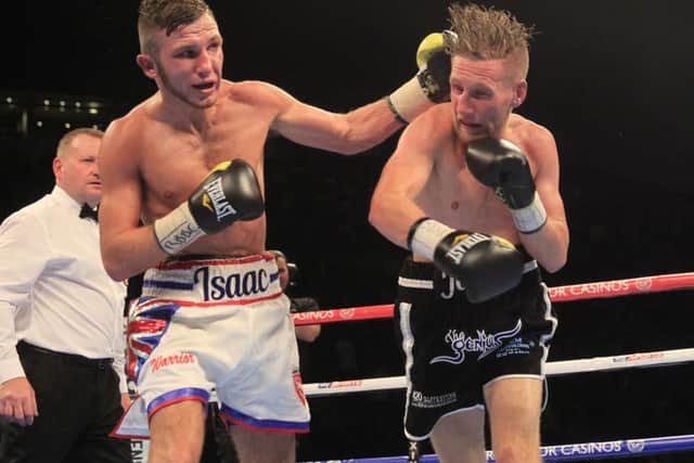 Isaac Lowe goes on the attack against Jamie Speight. Picture: Lawrence Lustig/Matchroom Boxing