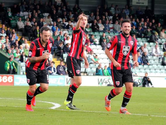 Morecambe celebrate Andy Fleming's goal at Yeovil.