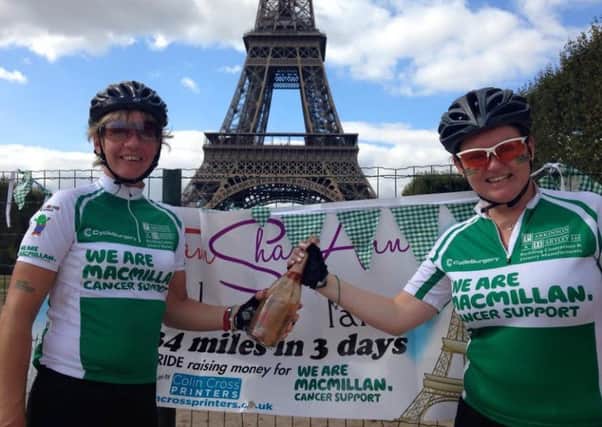 Ann Boardman and Sharon Hartley after finshing the London to Paris cycle ride for Macmillan Cancer Support