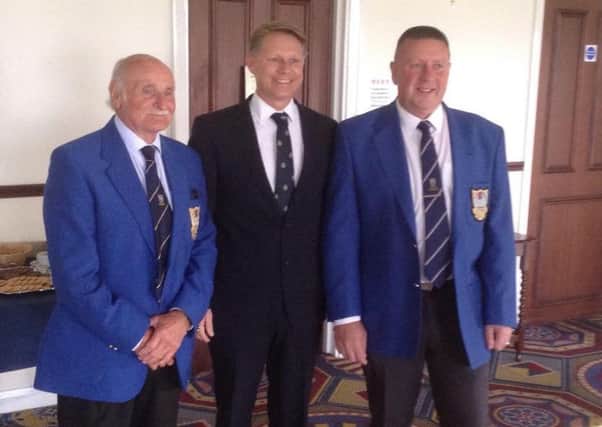 Phil Foster (Club President) with MP David Morris and David Brayshaw (Club Captain) celebrate the Sport England grant for Heysham Golf Club.