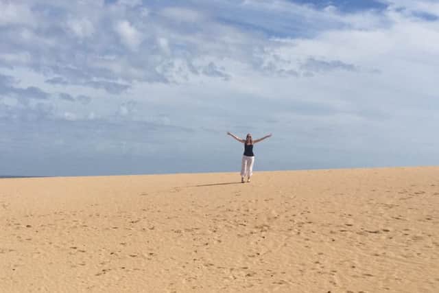 Nicola Adam on the sand-dunes, Fuerteventura, travel review Nicola Adam