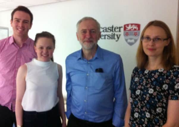 Jeremy Corbyn at Lancaster University with students Ollie Orton and Laura Wilkinson, and Cat Smith, MP for Lancaster.