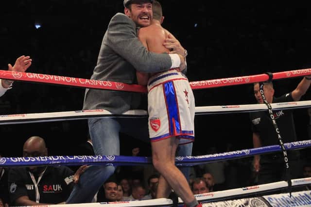 Tyson Fury congratulates Isaac Lowe on his English title win. Picture: Lawrence Lustig/Matchroom