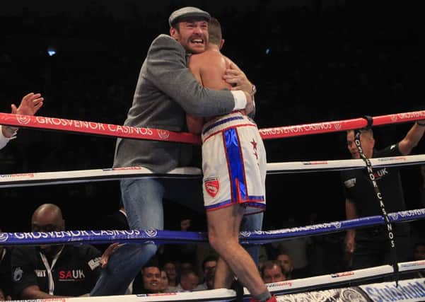 Tyson Fury congratulates Isaac Lowe on his English title win. Picture: Lawrence Lustig/Matchroom