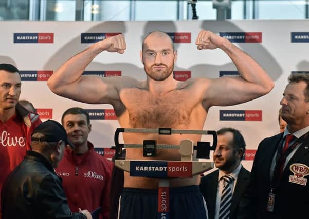 Tyson Fury at the weigh in. Picture: AP Photo/Martin Meissner.