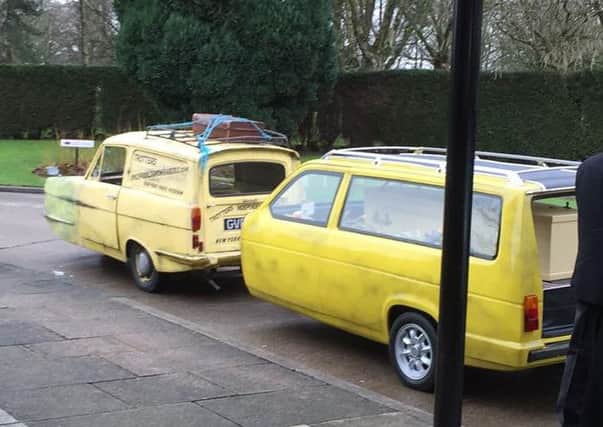 The Only Fools and Hearses yellow Reliant Regal takes 98-year-old Ethel Westover on her final journey to Lancaster and Morecambe Crematorium.