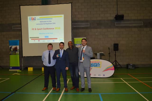 From left Stuart Glover, Sports Develompent and Facilities Manager at Lancaster City Council, Steven Jamieson, School Games organiser for Lancaster, Olympian Darren Campbell and Tim Fletcher, School Games organiser for Heysham.