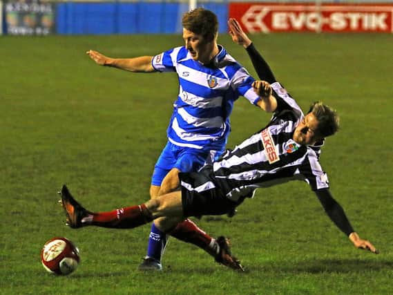 Former Kendal captain Craig Carney on the ball for Lancaster City. Picture: Tony North