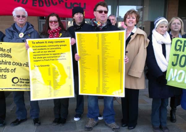 Protest: Friends of the Earth and businesses against fracking outside the public inquiry on fracking at Bloomfield Road