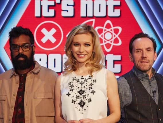 Rachel Riley with her co-hosts on It's Not Rocket Science, Romesh Ranganathan and Ben Miller