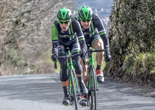 James Gullen, left, and Ian Wilkinson of Pedal Heaven in action at the 50th Clayton Spring Classic. Picture: Ellen Isherwood