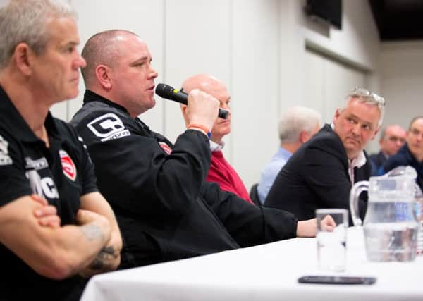 Jim Bentley addresses the recent fans' forum at the Globe Arena.