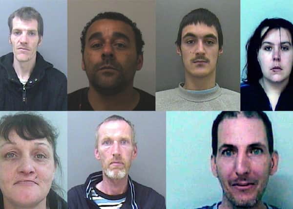 The jailed drugs gang from top left clockwise: Brian McGowan, Paul Fadeyibi, Mark Symeou, Chantelle Kane, Gareth Rees, Christopher Robinson, Katrina Knight.