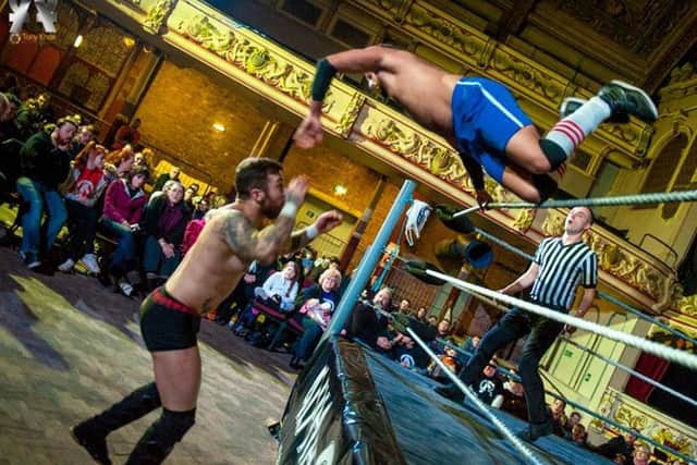Wrestling action at the Winter Gardens in Morecambe with Sam Bailey and Chris Ridgeway.