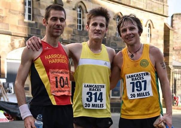 Winner Iraitz Arrospide, centre, with second place Andrew Grant, left, and third-placed finisher David Palmer, right. Picture: Peter Sariwee (Sprint Finish Photography)