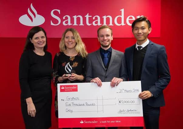Pictured from left are Sigridur Sigurdardottir from Santander UK with Lancaster University students Patricia Carbone, Sebastien Combret and Kyaw Tun Sein.