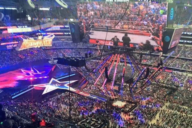 The view from Kieran's seats in the AT&T Stadium, Dallas, Texas, for WWE WrestleMania 32.