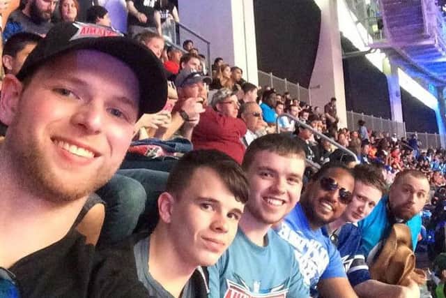 Kieran (right) with friends Bryan Fulton, Ethan Berry, Ryan Hunter, Liam Jackson and Will Soper at WrestleMania 32.