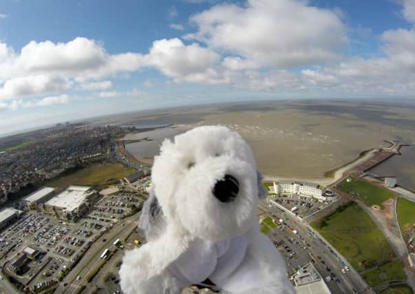 Sam the Dog photographed by special cameras high above the Midland Hotel in Morecambe after being launched into space by Morecambe Bay Primary School pupils.