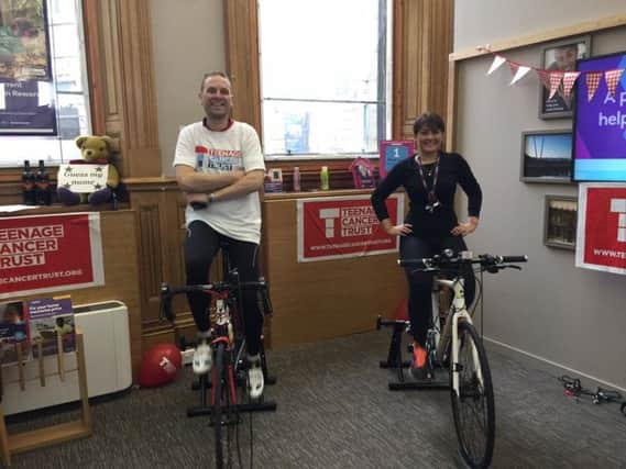 Ed Currie during the static bikeathon at Natwest bank in Lancaster.