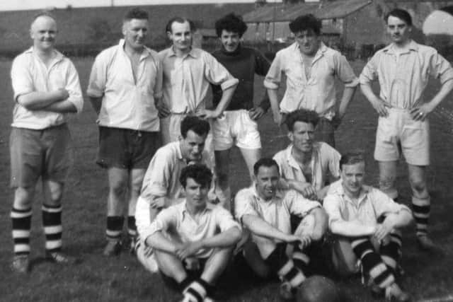 Lower Holker Football Club at Galgate prior to a 3-0 victory. Back row from left: Arthur Cowperthwaite, Robert Nelson, Albert Hill, Bernard Martin, Alan Nelson, Brian Pearce.
Middle row from left: Peter Lomas, Norman Cavin. Front row from left: Stuart Wilson, Sid Banks, Robert Dickinson.